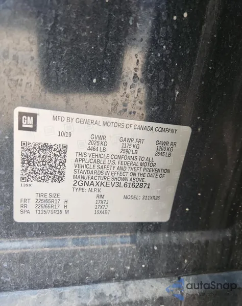 2020 Chevrolet Equinox Lt z USA, uszkodzony, nr VIN 2GNAXKEV3L6162871